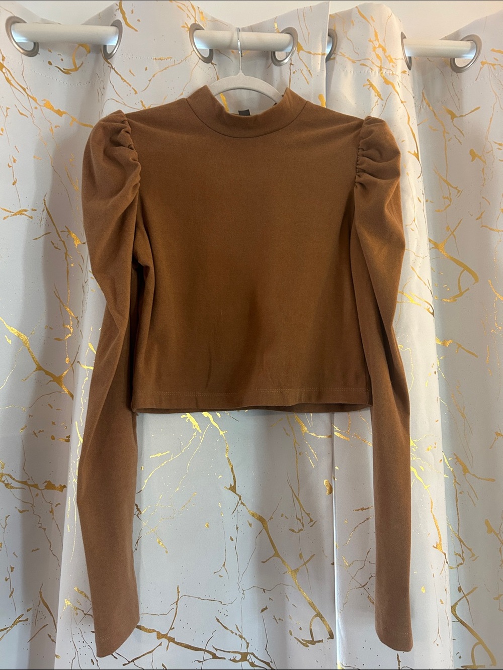 Alya Cropped Puff-Sleeve Long-Sleeve Top - Brown Size L